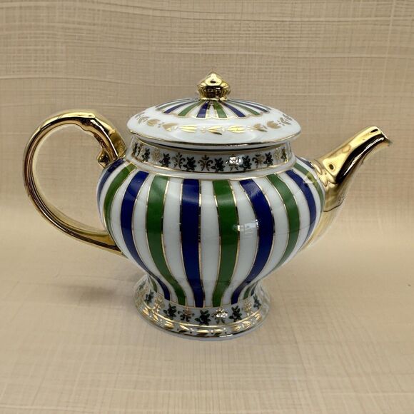 Mini Enameled Porcelain Teapot 3 inch Green/Blue Stripes Gilt Stamped Qingfa - Picture 1 of 10